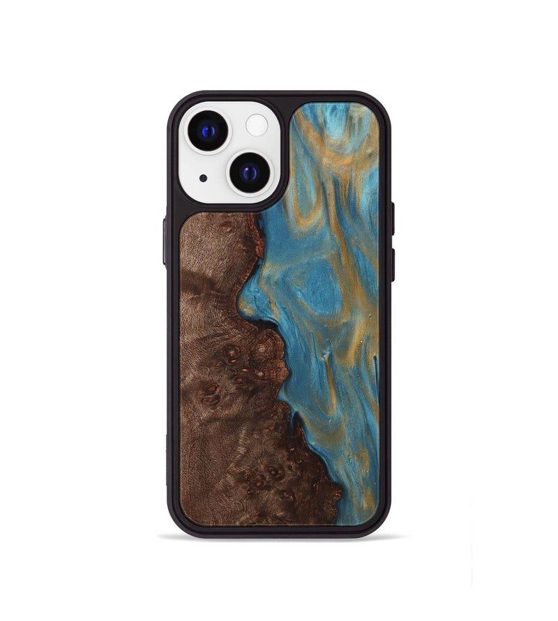 iPhone 13 mini Wood+Resin Phone Case - Britney (Teal & Gold, 720084)