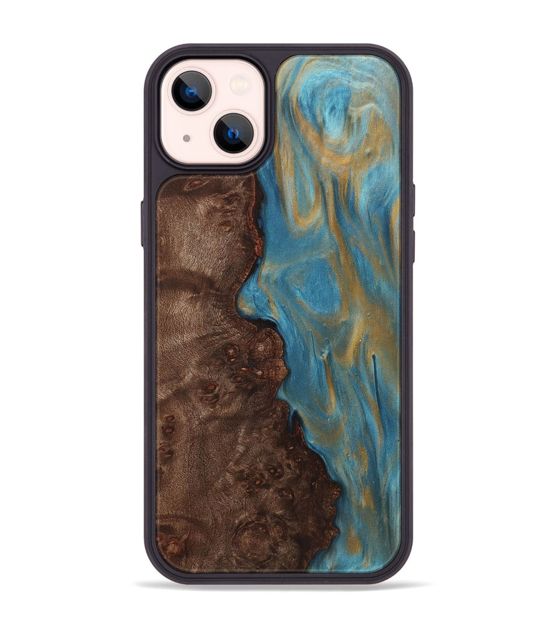 iPhone 14 Plus Wood+Resin Phone Case - Britney (Teal & Gold, 720084)