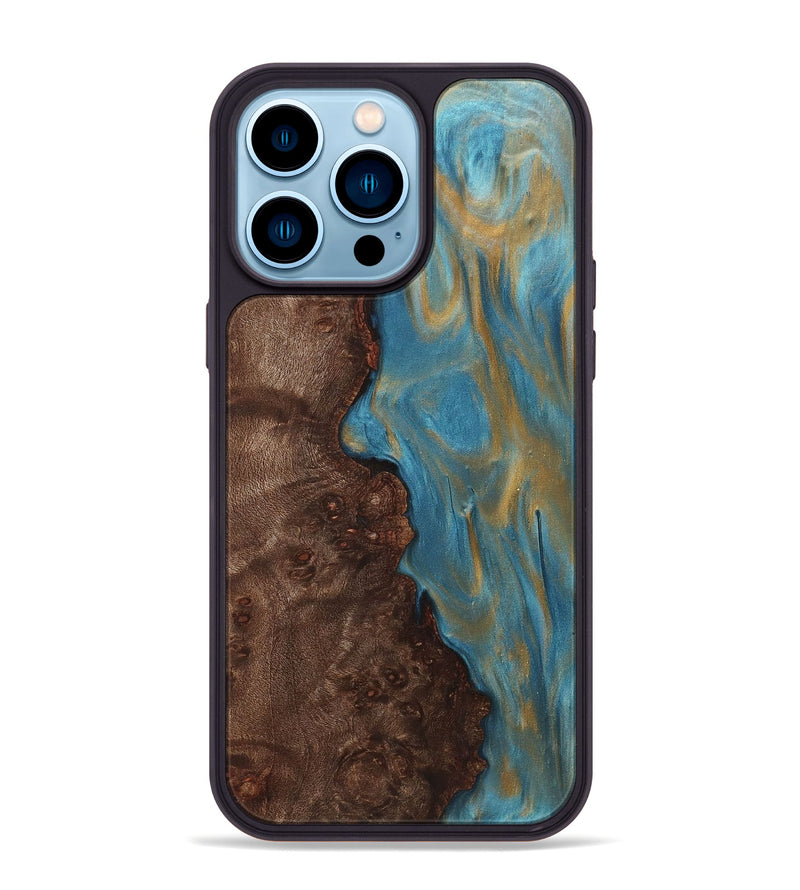 iPhone 14 Pro Max Wood+Resin Phone Case - Britney (Teal & Gold, 720084)