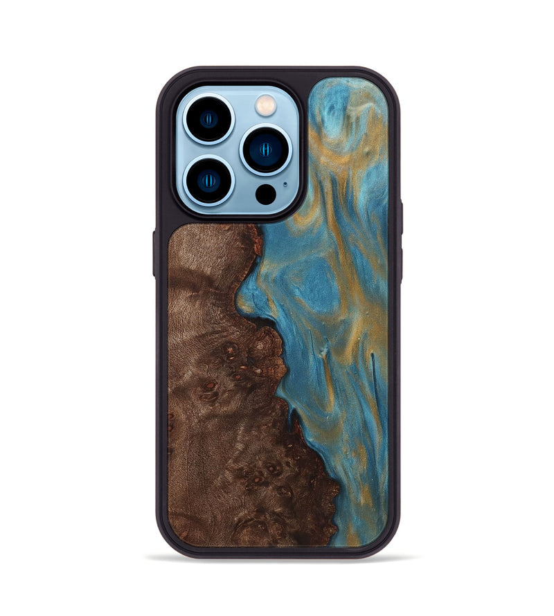 iPhone 14 Pro Wood+Resin Phone Case - Britney (Teal & Gold, 720084)