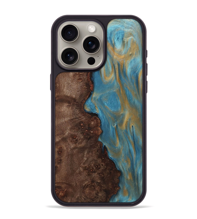 iPhone 15 Pro Max Wood+Resin Phone Case - Britney (Teal & Gold, 720084)