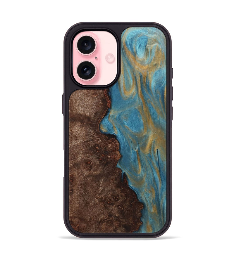 iPhone 16 Wood+Resin Phone Case - Britney (Teal & Gold, 720084)