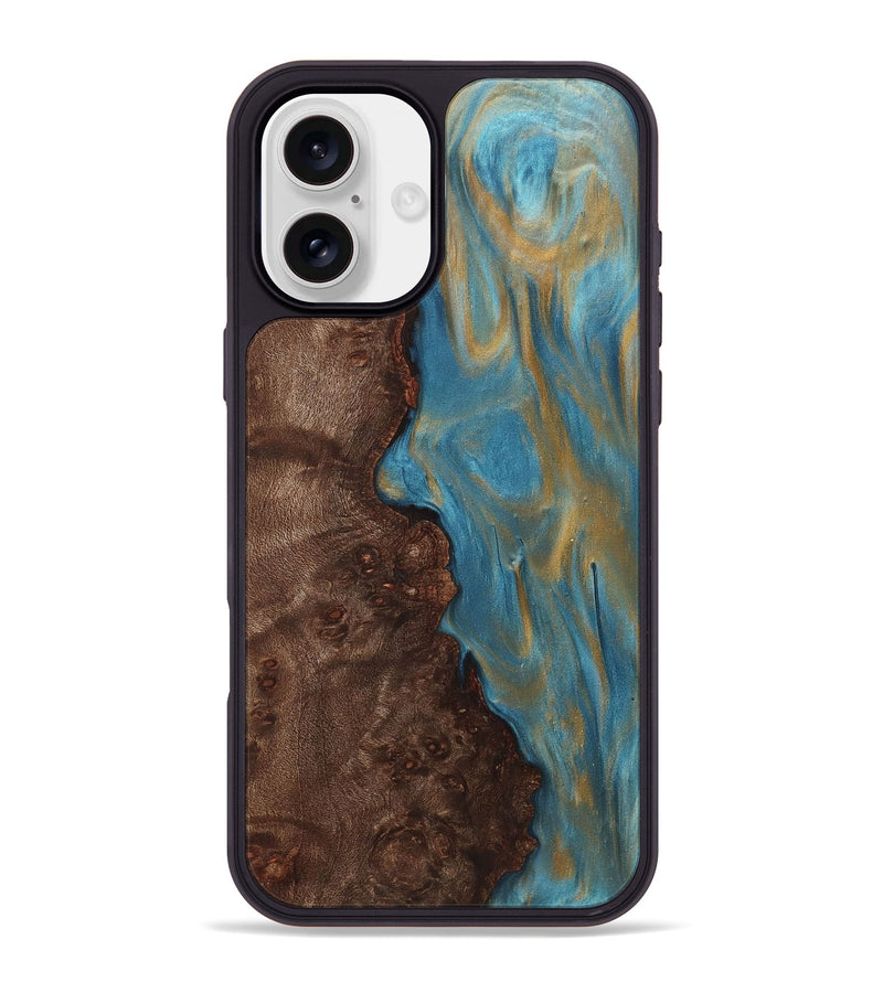 iPhone 16 Plus Wood+Resin Phone Case - Britney (Teal & Gold, 720084)