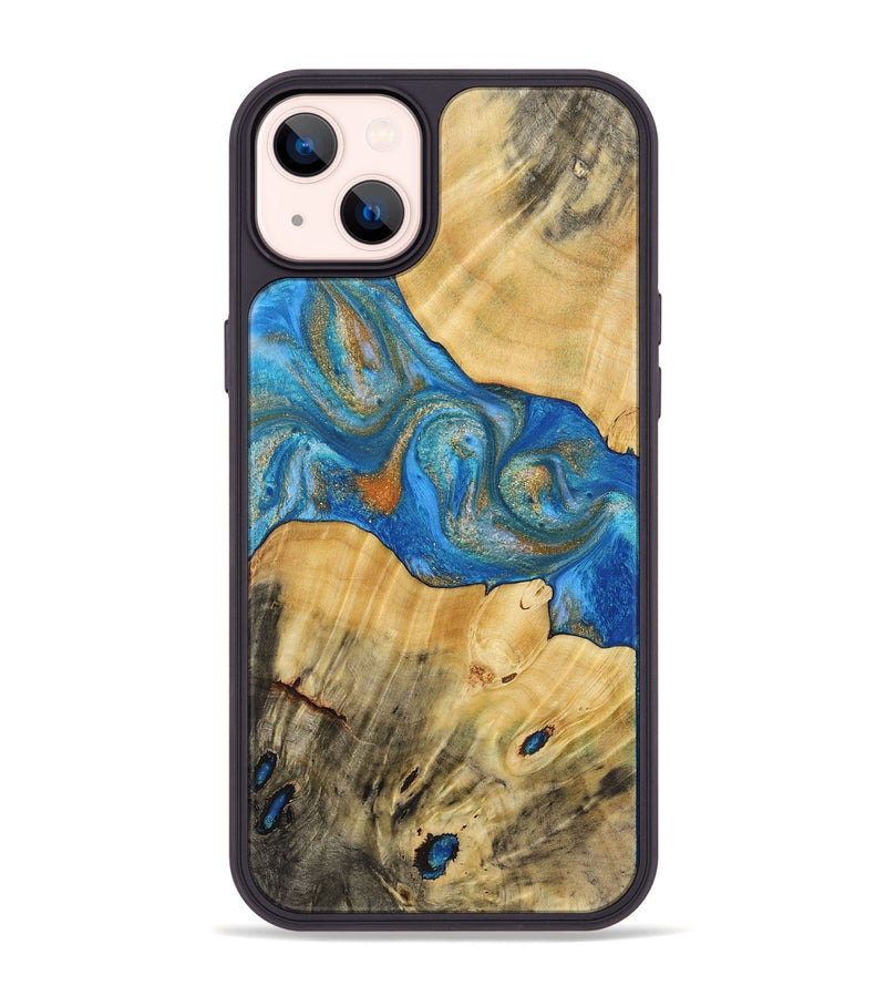 iPhone 14 Plus Wood+Resin Phone Case - Yasmin (Teal & Gold, 720087)