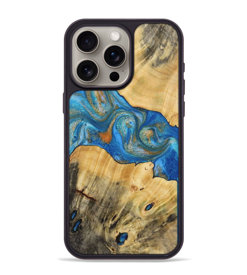 iPhone 15 Pro Max Wood+Resin Phone Case - Yasmin (Teal & Gold, 720087)