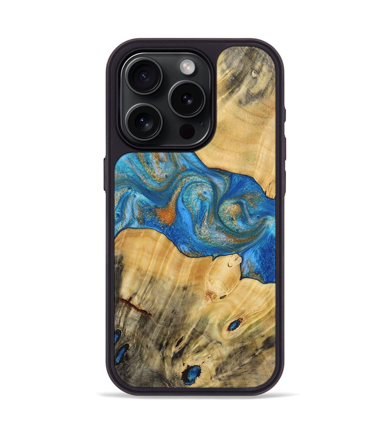 iPhone 15 Pro Wood+Resin Phone Case - Yasmin (Teal & Gold, 720087)