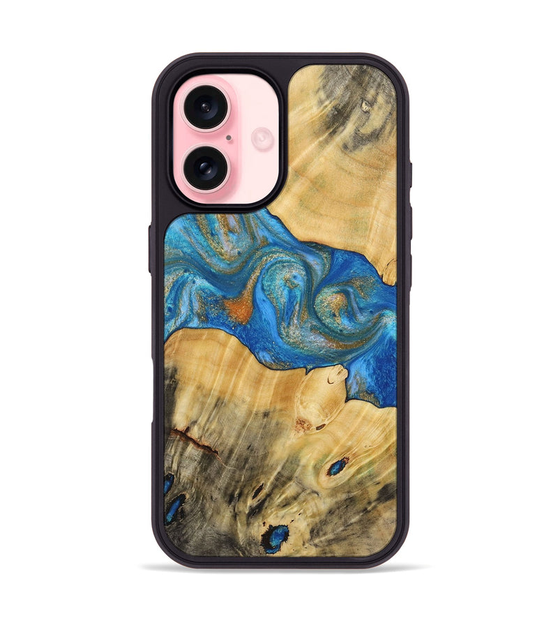 iPhone 16 Wood+Resin Phone Case - Yasmin (Teal & Gold, 720087)