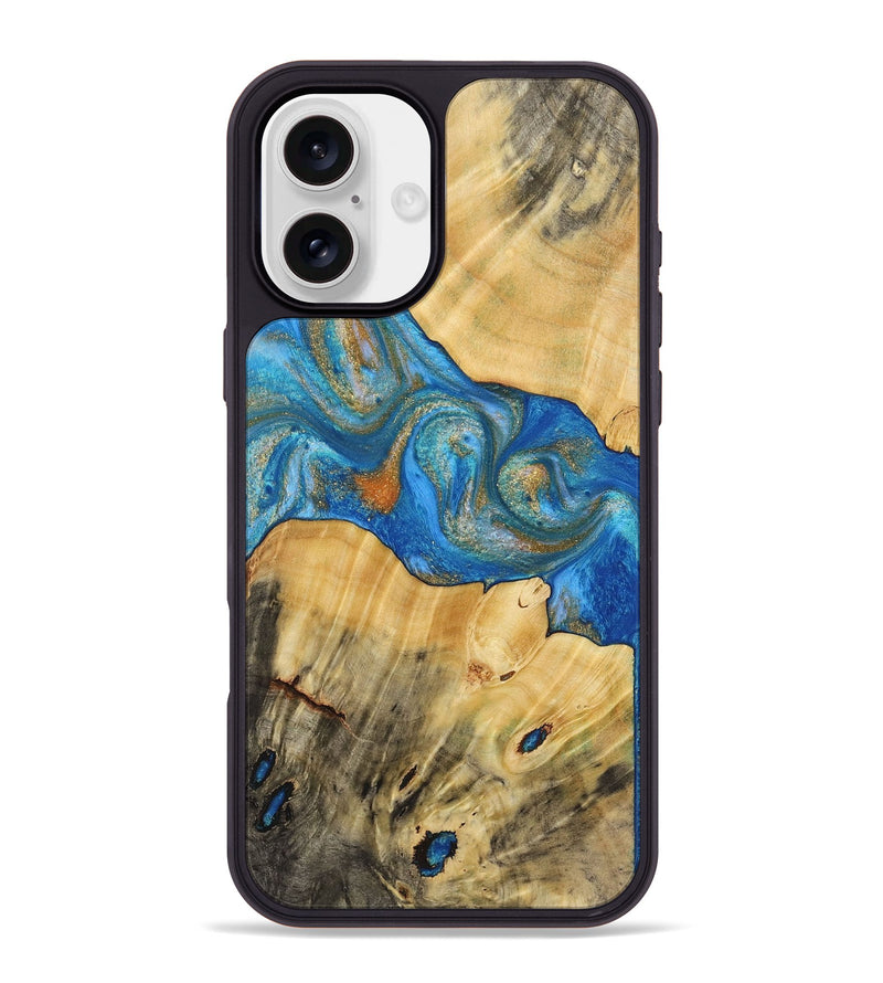 iPhone 16 Plus Wood+Resin Phone Case - Yasmin (Teal & Gold, 720087)