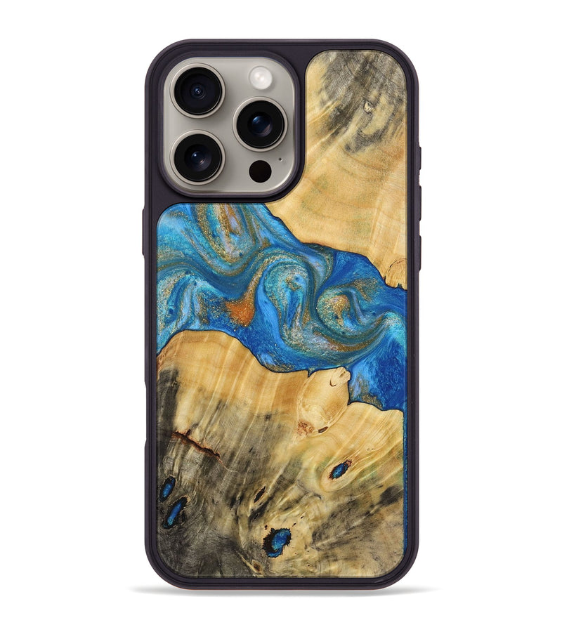 iPhone 16 Pro Max Wood+Resin Phone Case - Yasmin (Teal & Gold, 720087)