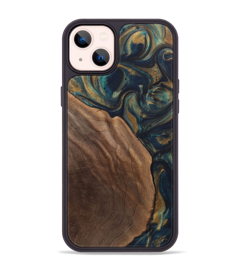 iPhone 14 Plus Wood+Resin Phone Case - Miley (Teal & Gold, 720091)