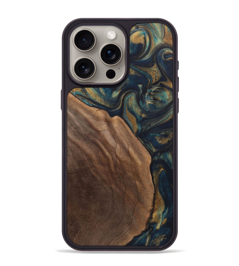 iPhone 15 Pro Max Wood+Resin Phone Case - Miley (Teal & Gold, 720091)