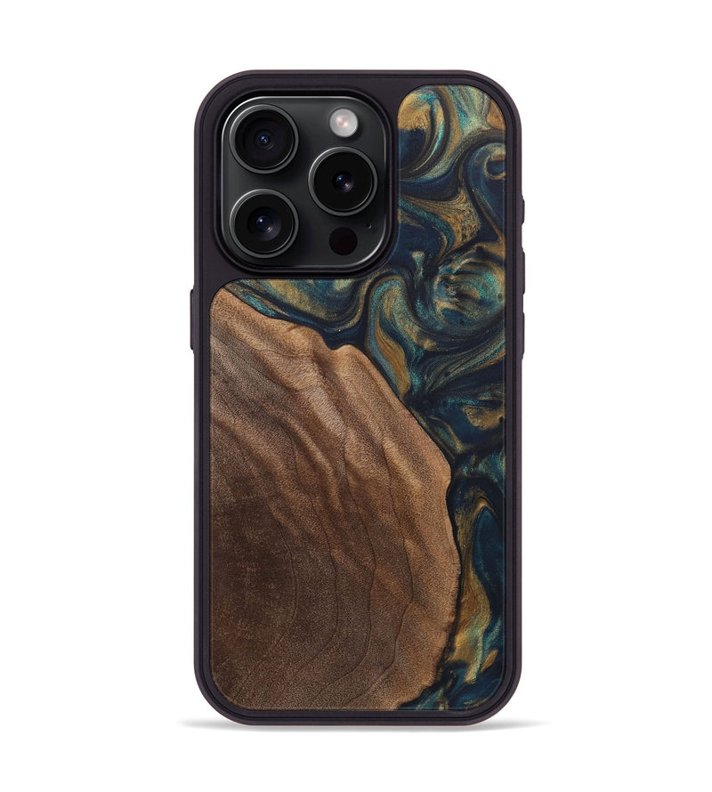 iPhone 15 Pro Wood+Resin Phone Case - Miley (Teal & Gold, 720091)