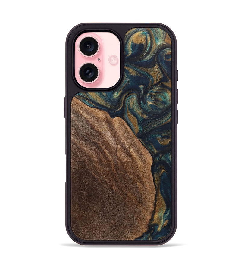 iPhone 16 Wood+Resin Phone Case - Miley (Teal & Gold, 720091)