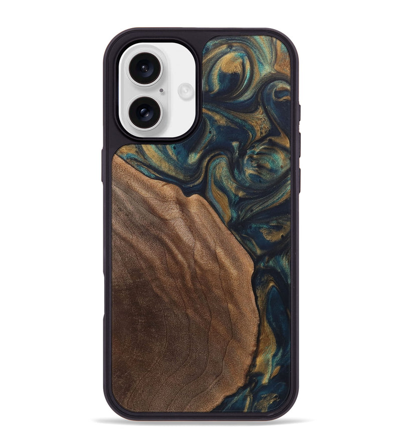 iPhone 16 Plus Wood+Resin Phone Case - Miley (Teal & Gold, 720091)