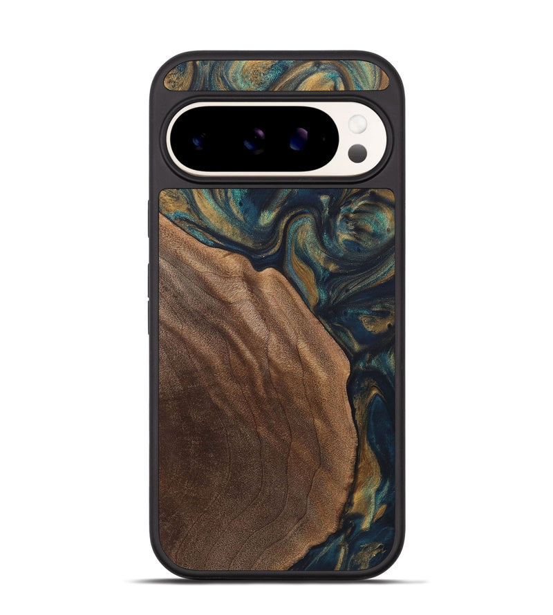 Pixel 9 Wood+Resin Phone Case - Miley (Teal & Gold, 720091)