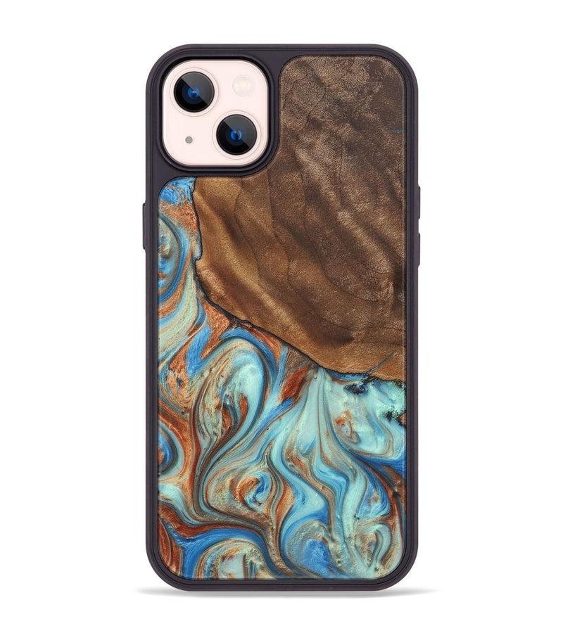 iPhone 14 Plus Wood+Resin Phone Case - Adonis (Teal & Gold, 720092)