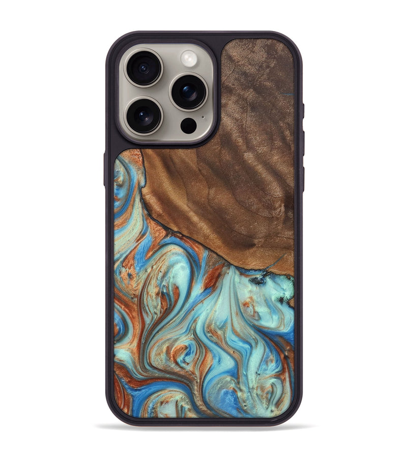 iPhone 15 Pro Max Wood+Resin Phone Case - Adonis (Teal & Gold, 720092)