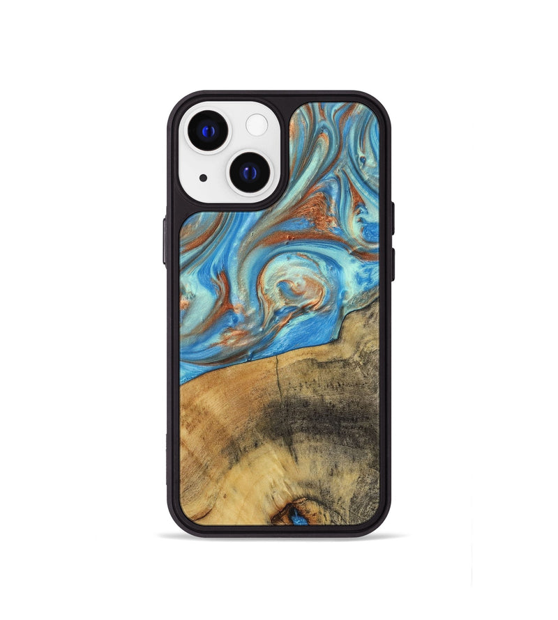 iPhone 13 mini Wood+Resin Phone Case - Kassandra (Teal & Gold, 720093)