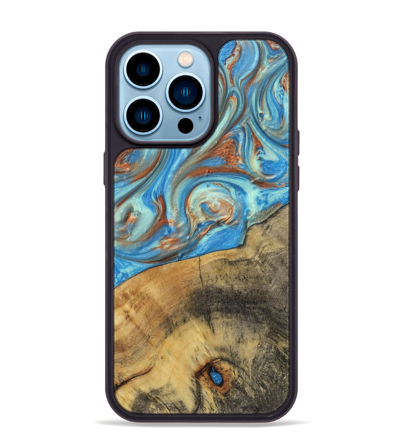 iPhone 14 Pro Max Wood+Resin Phone Case - Kassandra (Teal & Gold, 720093)