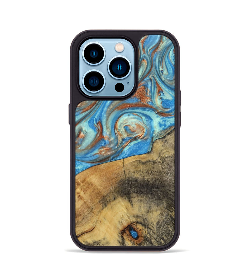 iPhone 14 Pro Wood+Resin Phone Case - Kassandra (Teal & Gold, 720093)