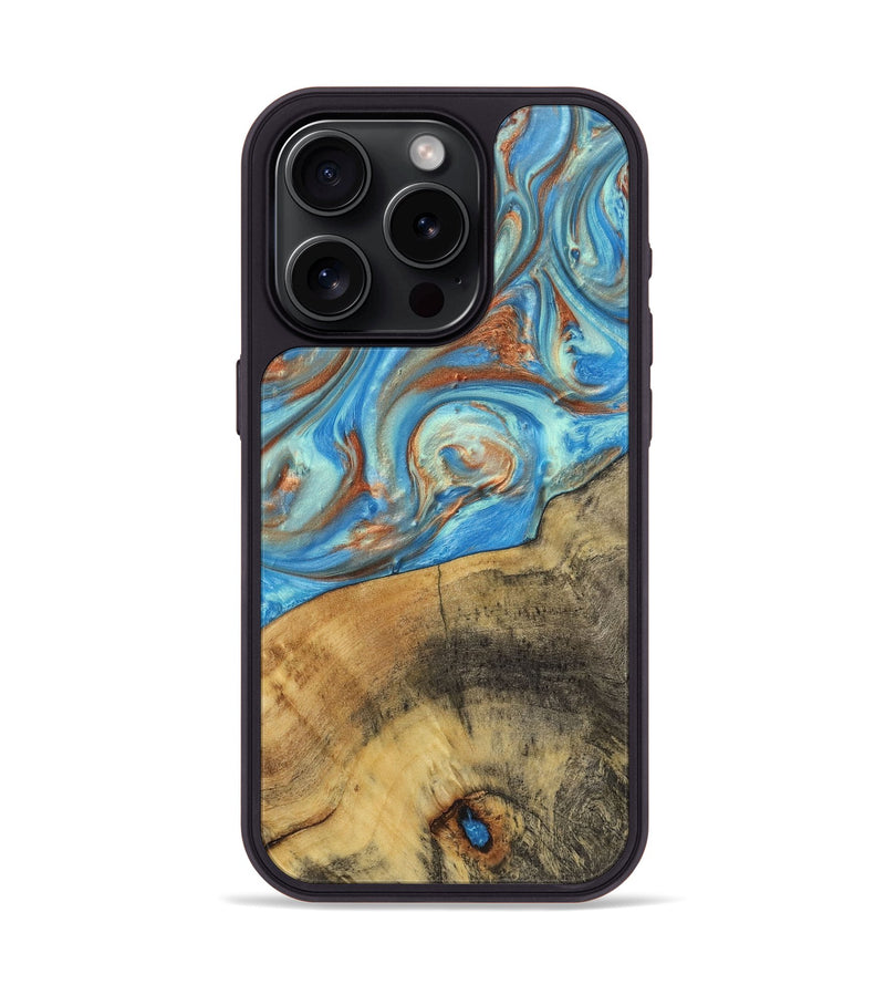 iPhone 15 Pro Wood+Resin Phone Case - Kassandra (Teal & Gold, 720093)