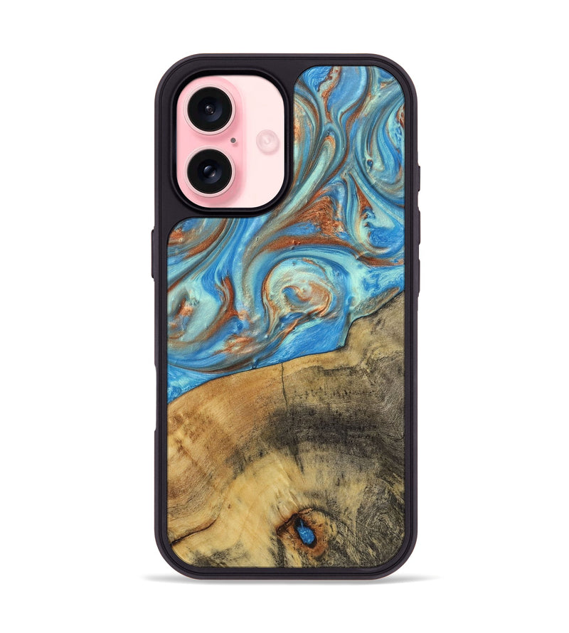 iPhone 16 Wood+Resin Phone Case - Kassandra (Teal & Gold, 720093)