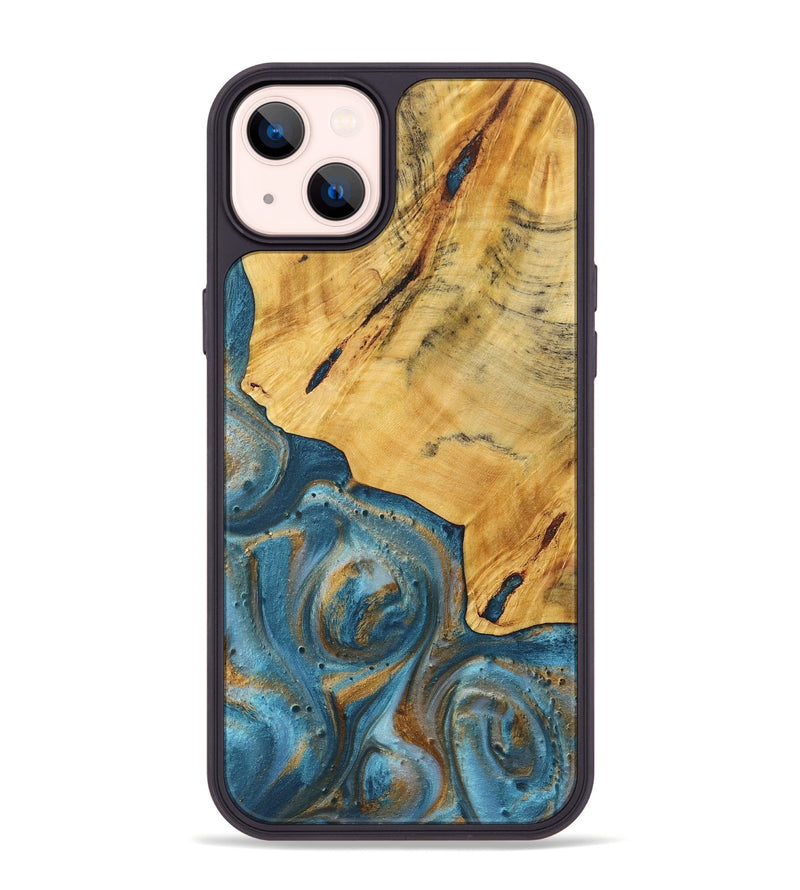 iPhone 14 Plus Wood+Resin Phone Case - Eddie (Teal & Gold, 720098)