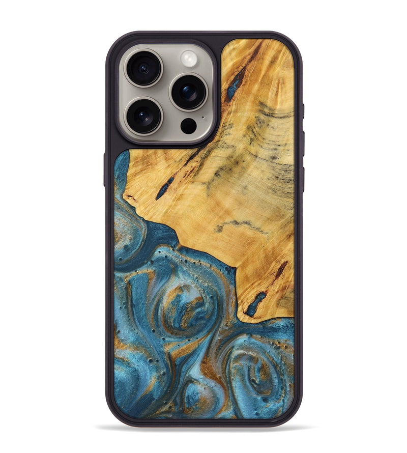 iPhone 15 Pro Max Wood+Resin Phone Case - Eddie (Teal & Gold, 720098)