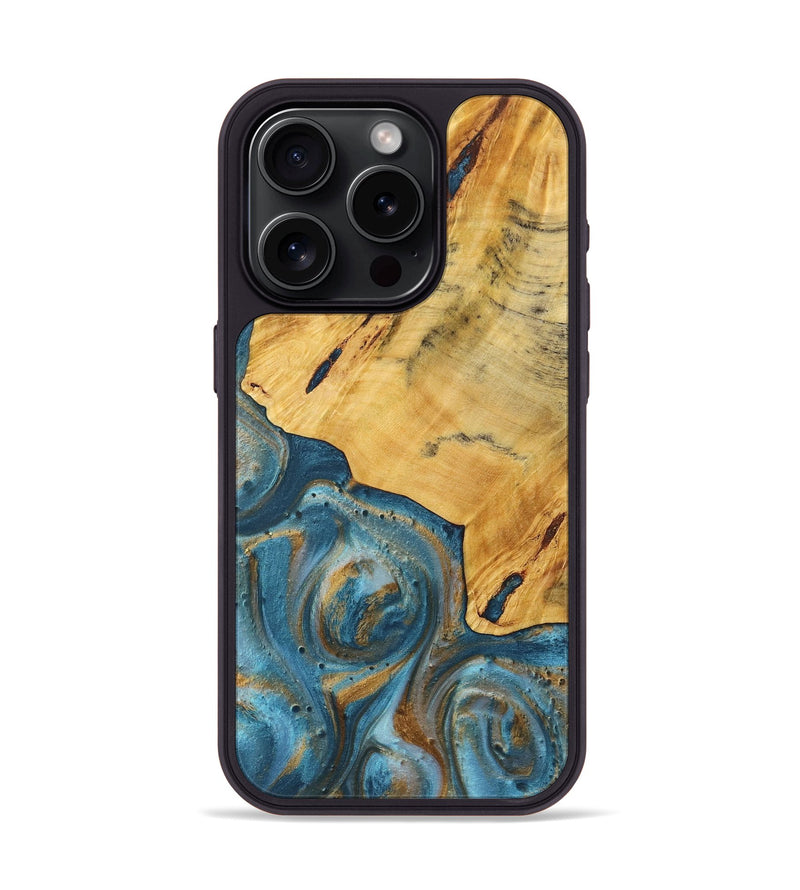 iPhone 15 Pro Wood+Resin Phone Case - Eddie (Teal & Gold, 720098)