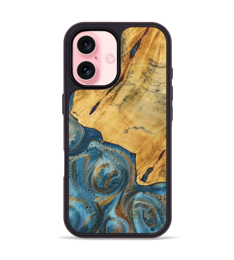 iPhone 16 Wood+Resin Phone Case - Eddie (Teal & Gold, 720098)