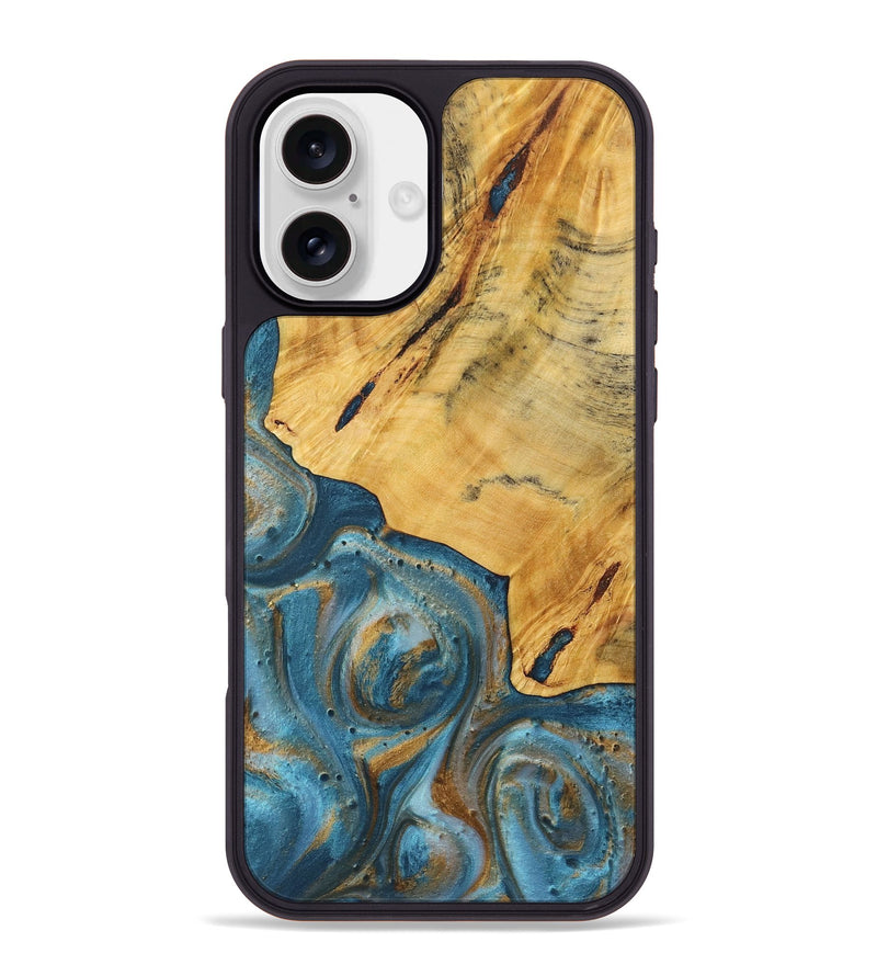 iPhone 16 Plus Wood+Resin Phone Case - Eddie (Teal & Gold, 720098)