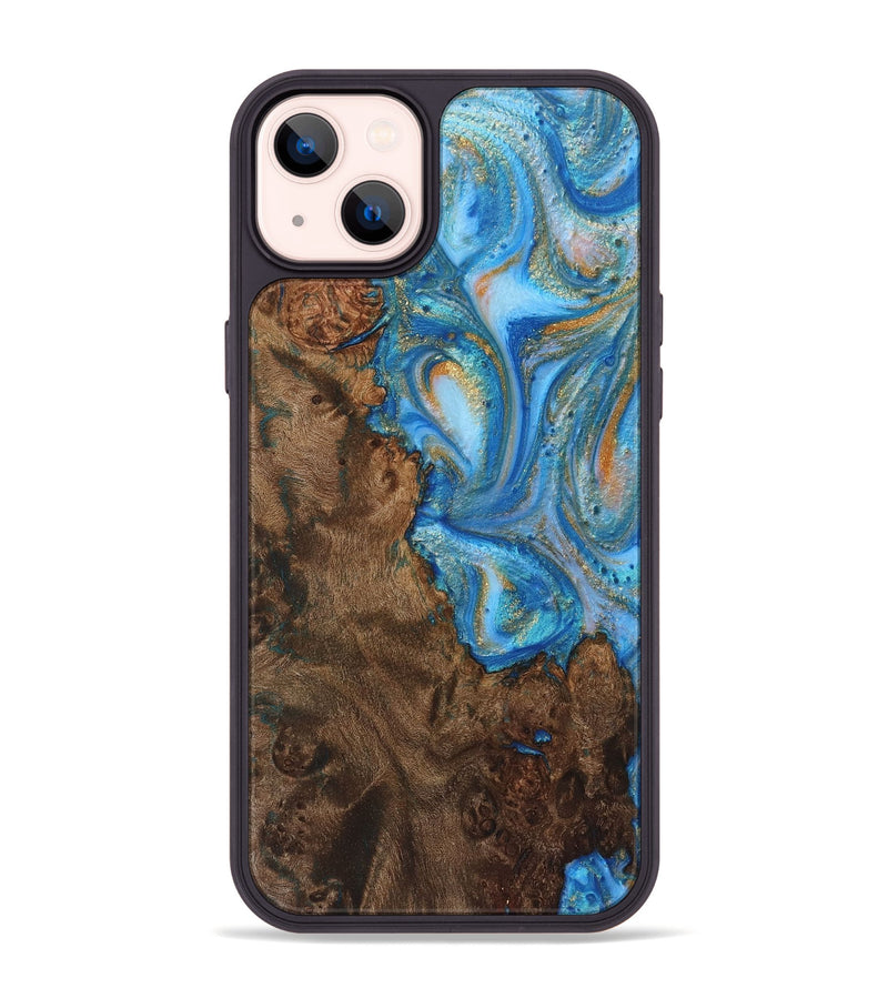 iPhone 14 Plus Wood+Resin Phone Case - Marisol (Teal & Gold, 720099)