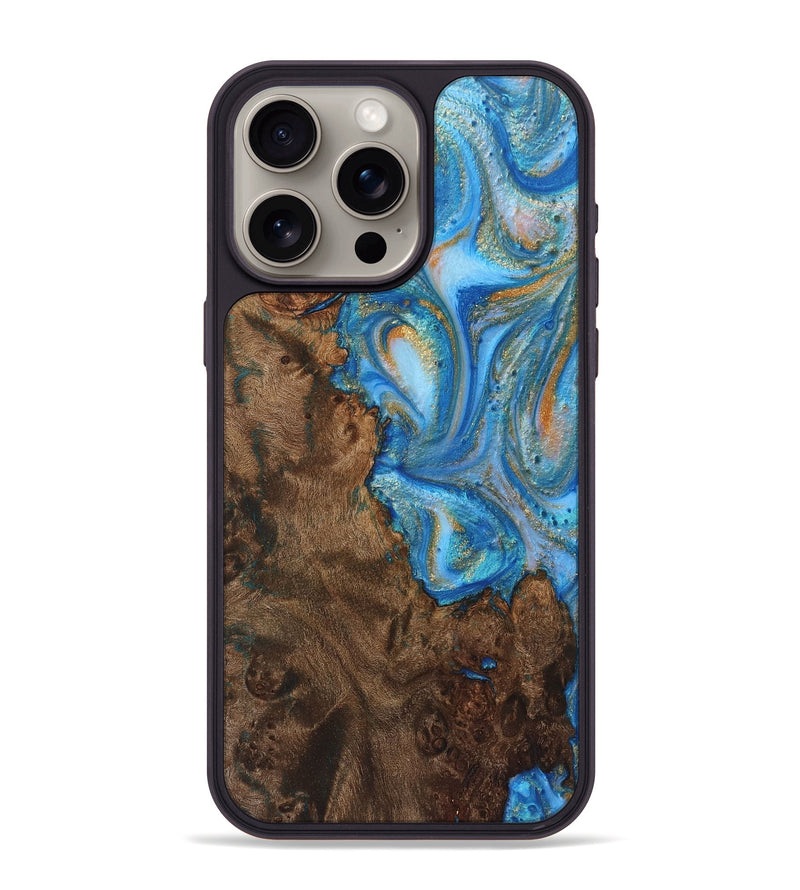 iPhone 15 Pro Max Wood+Resin Phone Case - Marisol (Teal & Gold, 720099)