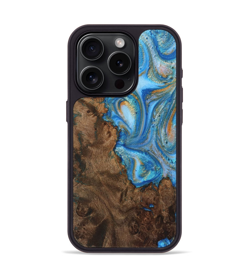 iPhone 15 Pro Wood+Resin Phone Case - Marisol (Teal & Gold, 720099)