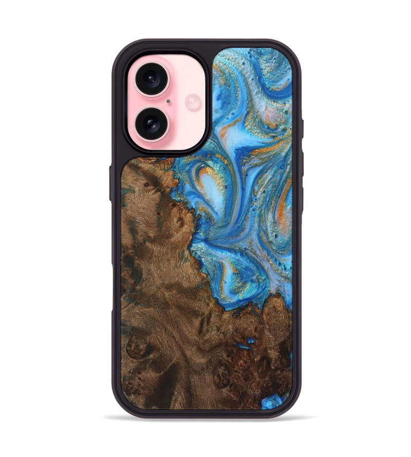 iPhone 16 Wood+Resin Phone Case - Marisol (Teal & Gold, 720099)