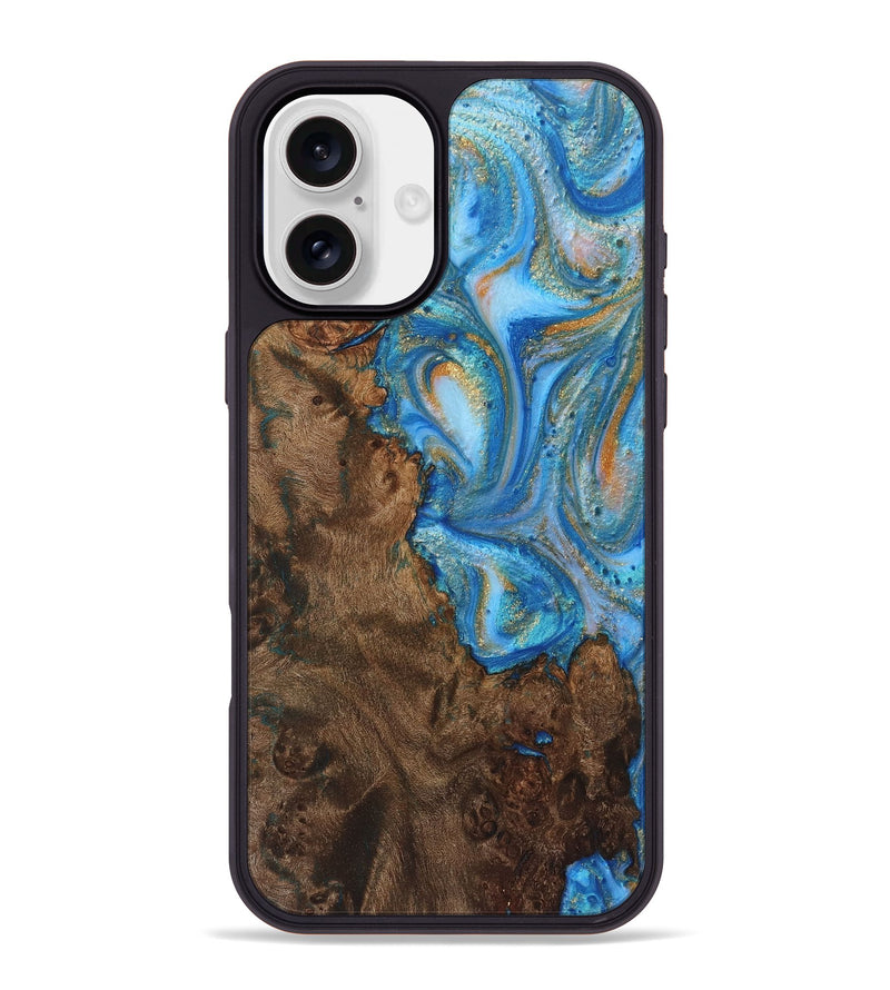 iPhone 16 Plus Wood+Resin Phone Case - Marisol (Teal & Gold, 720099)