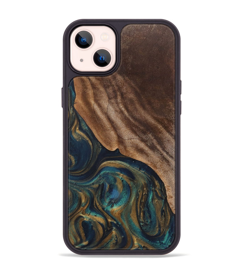 iPhone 14 Plus Wood+Resin Phone Case - Rowan (Teal & Gold, 720100)