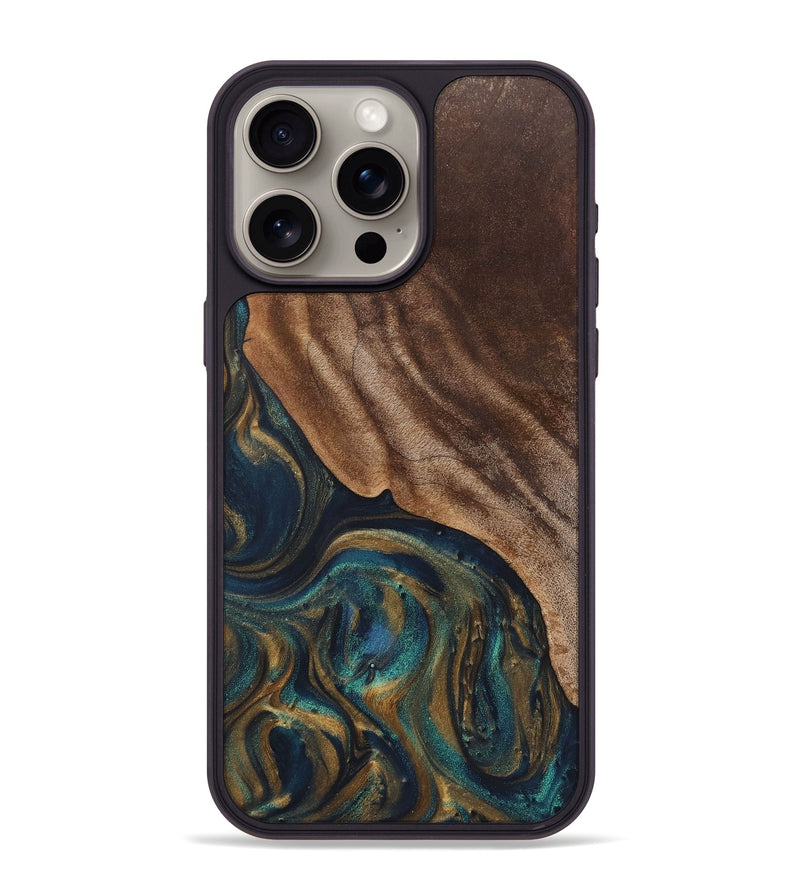 iPhone 15 Pro Max Wood+Resin Phone Case - Rowan (Teal & Gold, 720100)