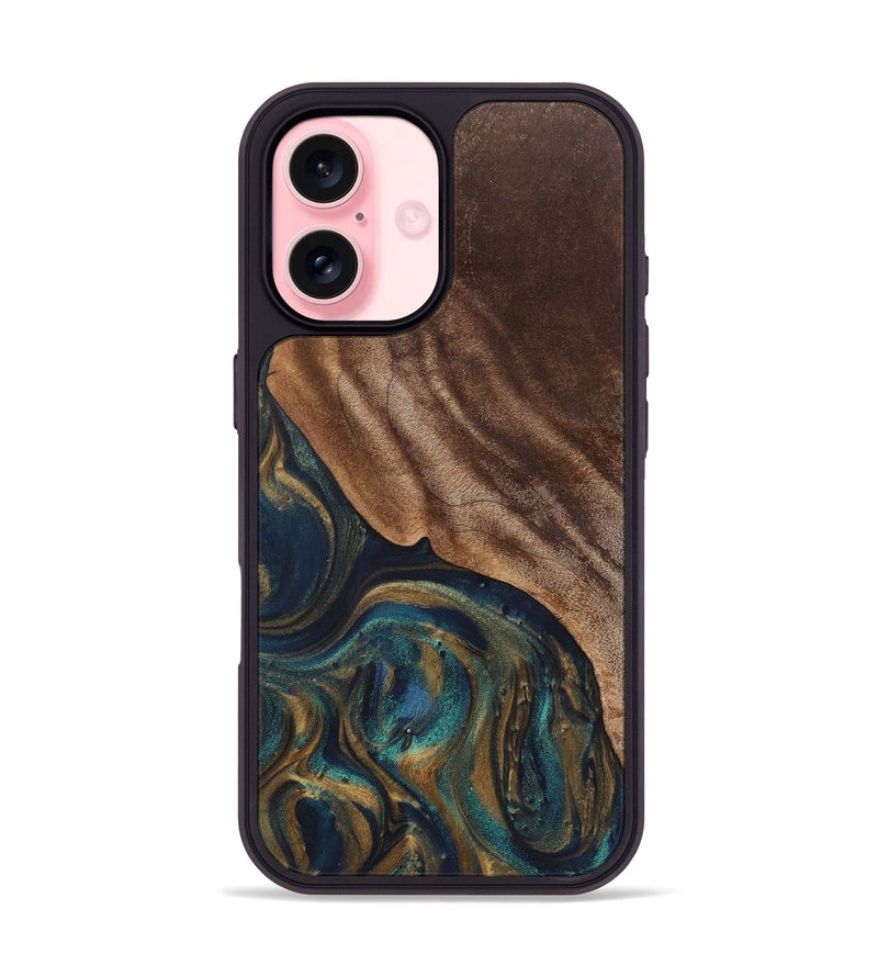 iPhone 16 Wood+Resin Phone Case - Rowan (Teal & Gold, 720100)