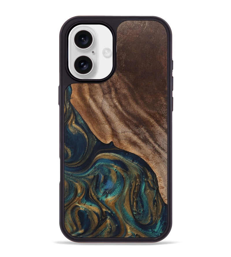 iPhone 16 Plus Wood+Resin Phone Case - Rowan (Teal & Gold, 720100)