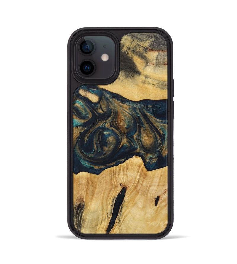 iPhone 12 Wood+Resin Phone Case - Doreen (Teal & Gold, 720101)