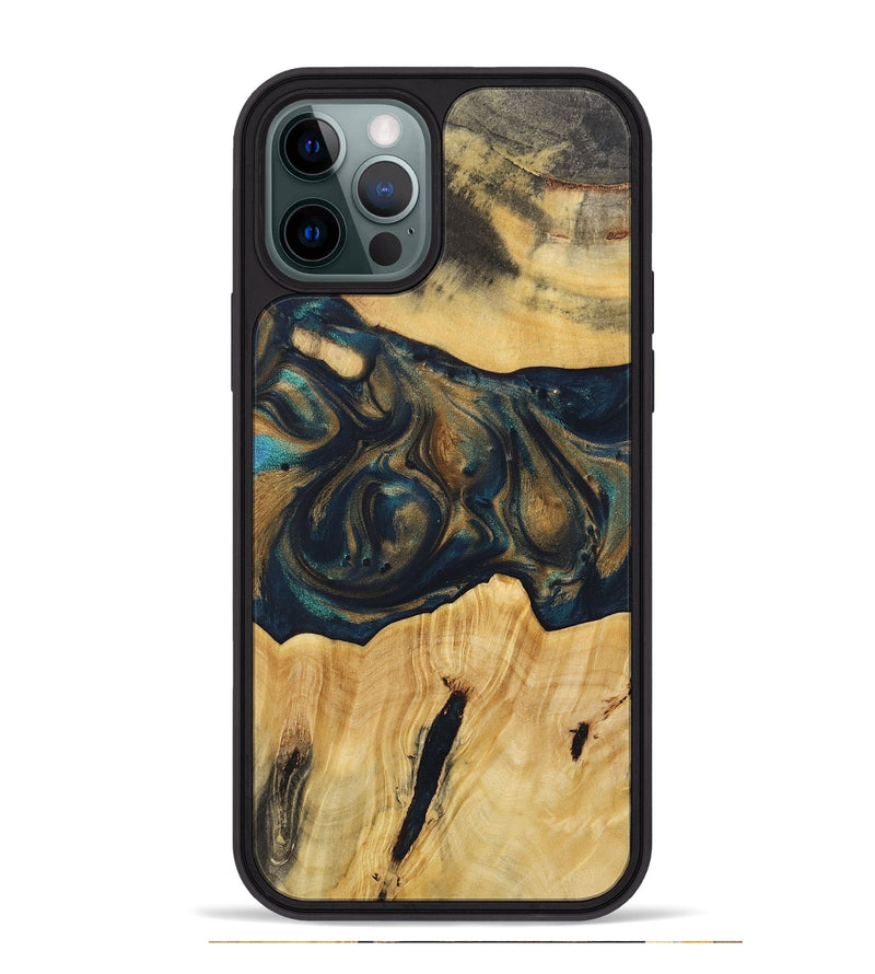 iPhone 12 Pro Max Wood+Resin Phone Case - Doreen (Teal & Gold, 720101)