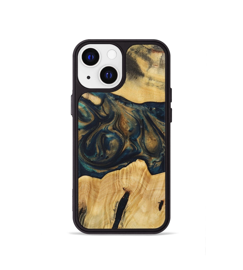 iPhone 13 mini Wood+Resin Phone Case - Doreen (Teal & Gold, 720101)