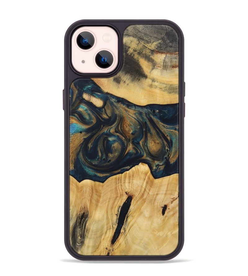 iPhone 14 Plus Wood+Resin Phone Case - Doreen (Teal & Gold, 720101)