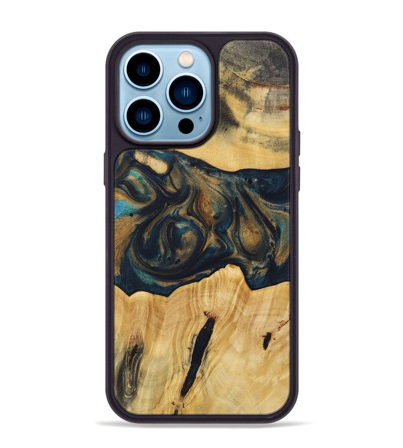 iPhone 14 Pro Max Wood+Resin Phone Case - Doreen (Teal & Gold, 720101)