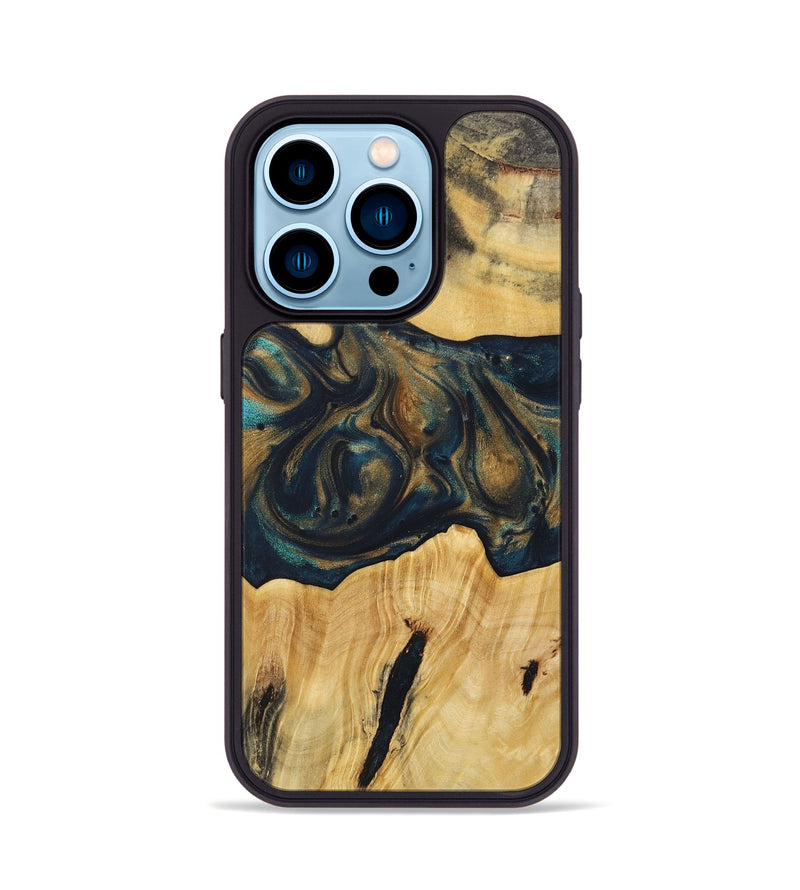 iPhone 14 Pro Wood+Resin Phone Case - Doreen (Teal & Gold, 720101)