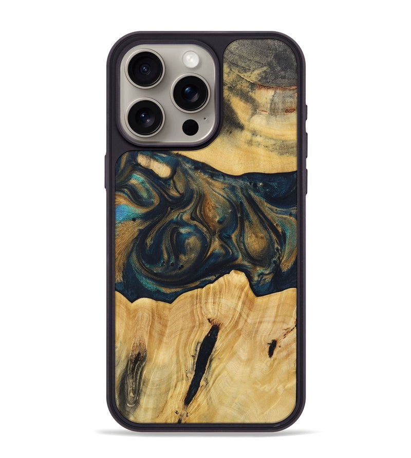 iPhone 15 Pro Max Wood+Resin Phone Case - Doreen (Teal & Gold, 720101)