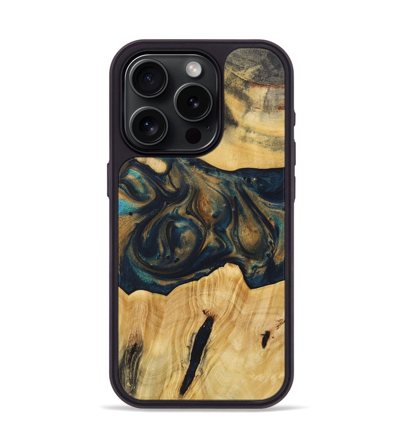 iPhone 15 Pro Wood+Resin Phone Case - Doreen (Teal & Gold, 720101)