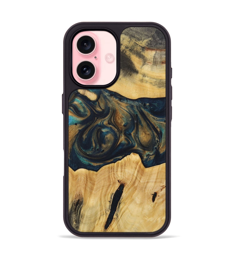 iPhone 16 Wood+Resin Phone Case - Doreen (Teal & Gold, 720101)