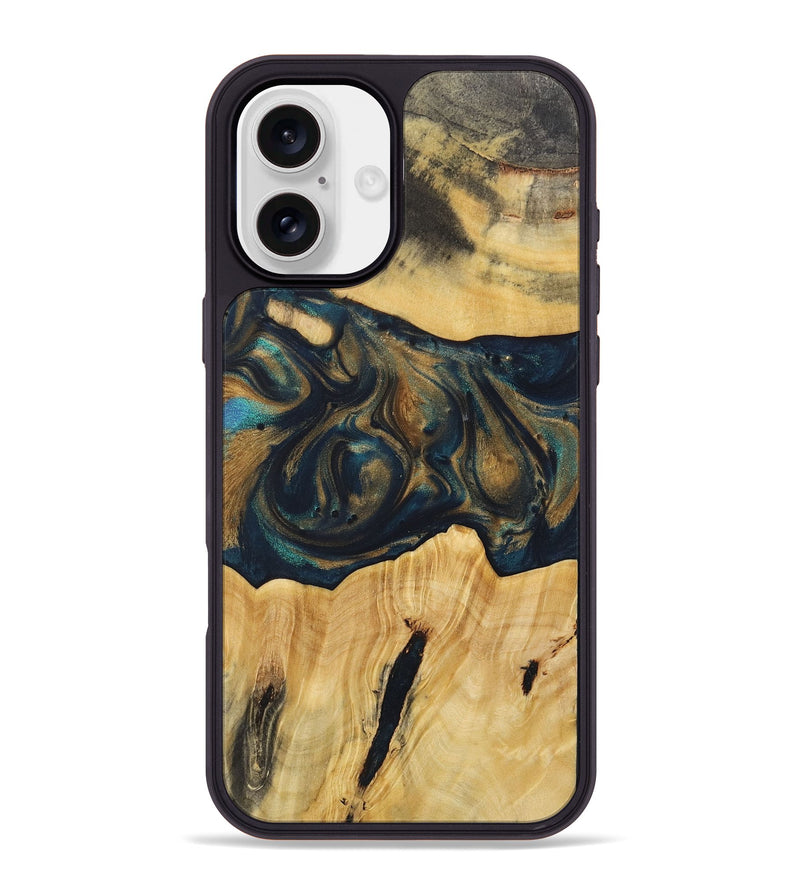 iPhone 16 Plus Wood+Resin Phone Case - Doreen (Teal & Gold, 720101)